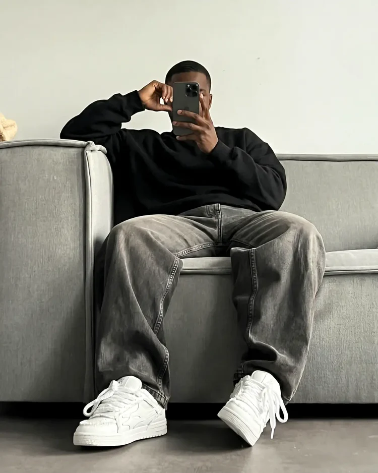 Full fit with Creme sneakers on couch