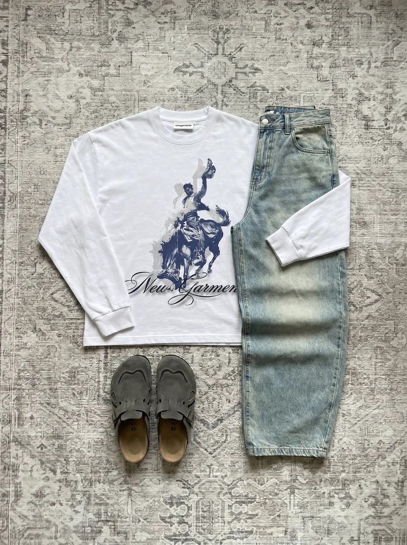 Equestrian Longsleeve flatlay with washed denim and clogs